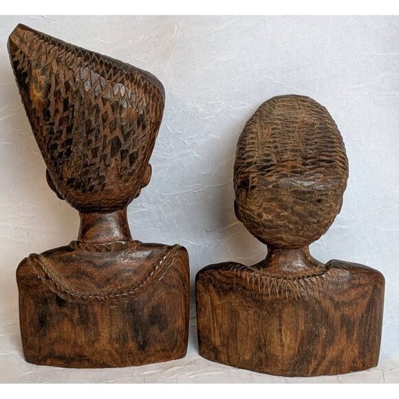 Wooden Handcarved African Statues Head Bust Tribal Man & Woman Pair Folk Art Set - Picture 4 of 16